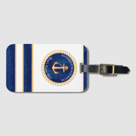 Nautical Boat Namn Anchor Rope Navy Blue Gult Bagagebricka