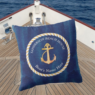 Nautical Boat Namn Anchor Rope Navy Blue Gult Kudde