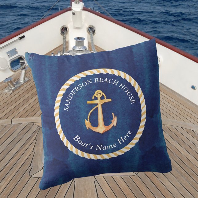 Nautical Boat Namn Anchor Rope Navy Blue Gult Kudde (Skapare uppladdad)