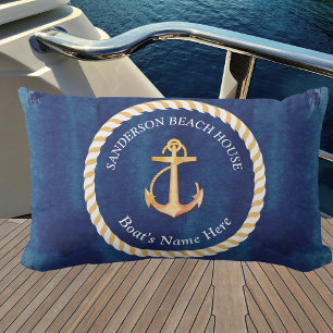 Nautical Boat Namn Anchor Rope Navy Blue Gult Lumbarkudde