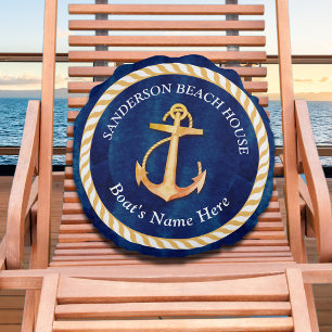 Nautical Boat Namn Anchor Rope Navy Blue Gult Rund Kudde