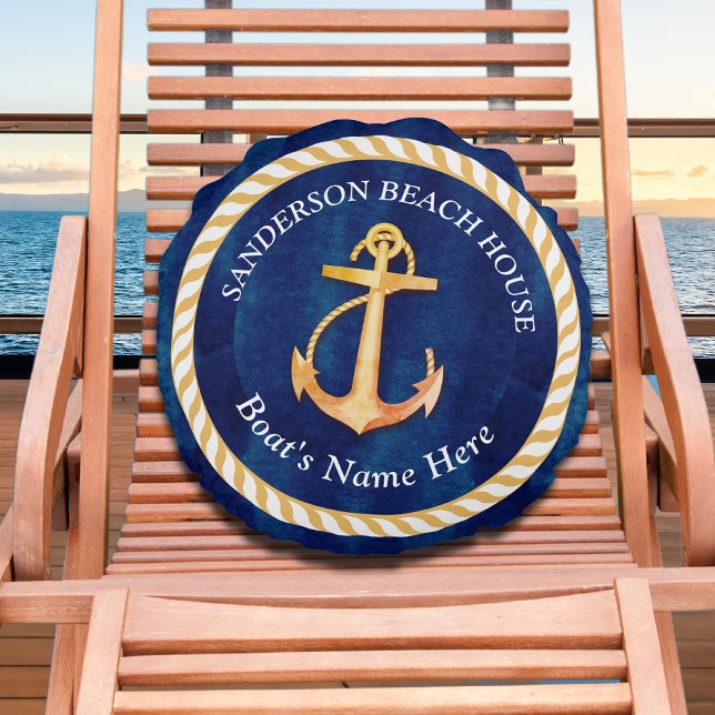 Nautical Boat Namn Anchor Rope Navy Blue Gult Rund Kudde (Skapare uppladdad)