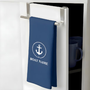 Nautical Boat Namn Anchor Rope Navy Blue Kökshandduk