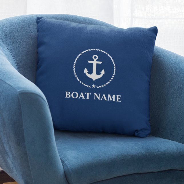 Nautical Boat Namn Anchor Rope Navy Blue Kudde (Customize to change text size or text style.)