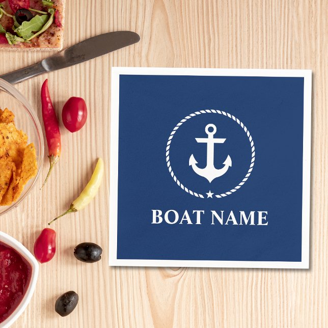 Nautical Boat Namn Anchor Rope Navy Blue Pappersservett (Customize to change background color, text size or text style. )