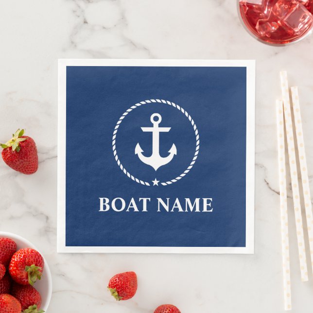 Nautical Boat Namn Anchor Rope Navy Blue Pappersservett (Insitu)