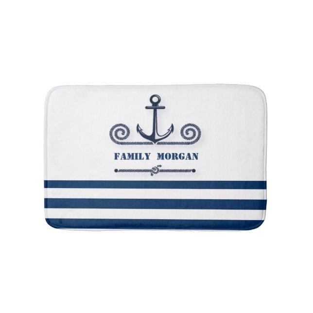 Nautical Boat Namn,Anchor,Rope, Navy Blue Rand Badrumsmatta (Framsidan)