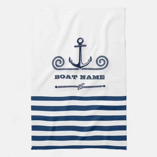 Nautical Boat Namn,Anchor,Rope, Navy Blue Rand Kökshandduk (Vertikal)