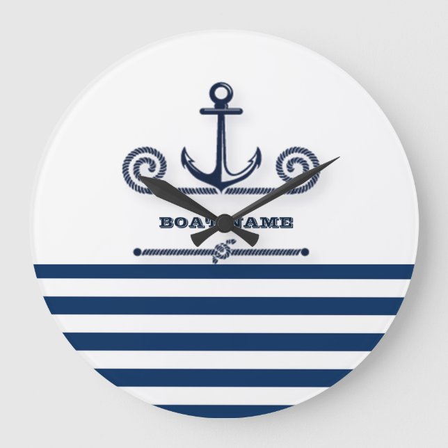 Nautical Boat Namn,Anchor,Rope, Navy Blue Rand Stor Klocka (Framsida)