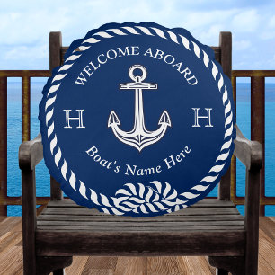 Nautical Boat Namn Anchor Rope Navy Blue Rund Kudde