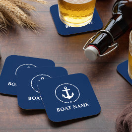 Nautical Boat Namn Anchor Rope Navy Blue Underlägg Papper Kvadrat