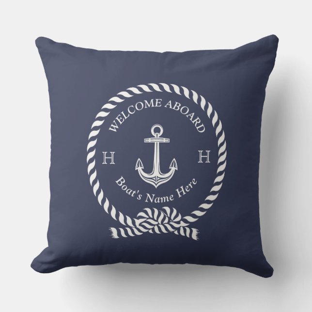 Nautical Boat Namn Anchor Rope Navy Blue Välkommen Kudde (Framsida)