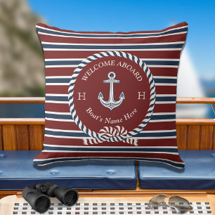 Nautical Boat Namn Anchor Rope Navy Blue Välkommen Kudde
