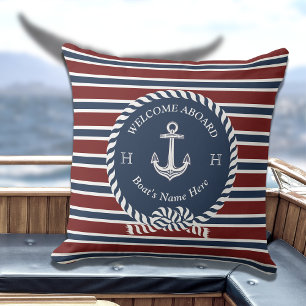 Nautical Boat Namn Anchor Rope Navy Blue Välkommen Kudde