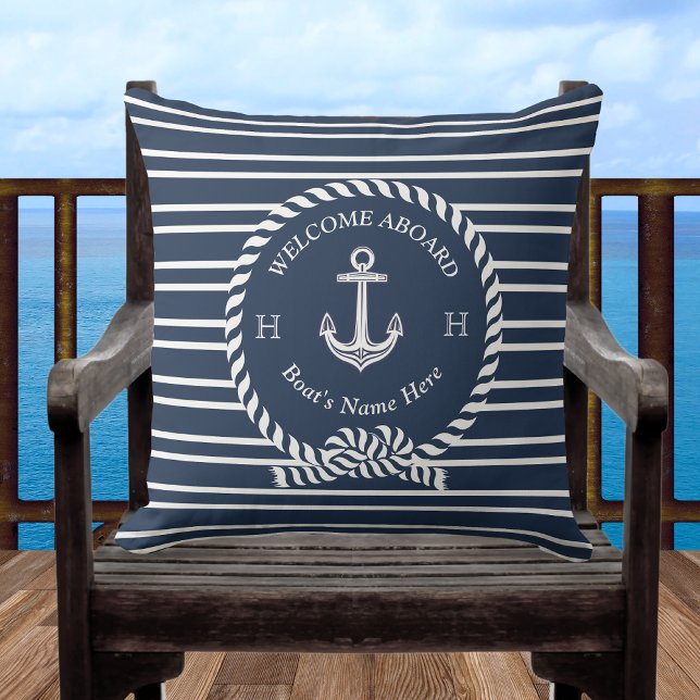 Nautical Boat Namn Anchor Rope Navy Blue Välkommen Kudde (Skapare uppladdad)