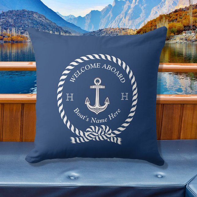 Nautical Boat Namn Anchor Rope Navy Blue Välkommen Kudde (Skapare uppladdad)