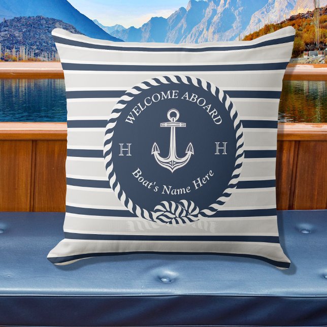 Nautical Boat Namn Anchor Rope Navy Blue Välkommen Kudde (Skapare uppladdad)