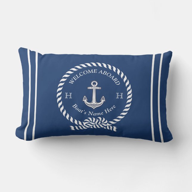 Nautical Boat Namn Anchor Rope Navy Blue Välkommen Lumbarkudde (Framsida)