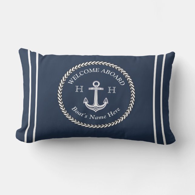 Nautical Boat Namn Anchor Rope Navy Blue Välkommen Lumbarkudde (Framsida)