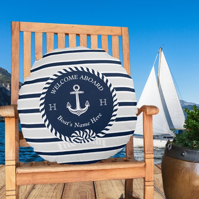Nautical Boat Namn Anchor Rope Navy Blue Välkommen Rund Kudde (Skapare uppladdad)
