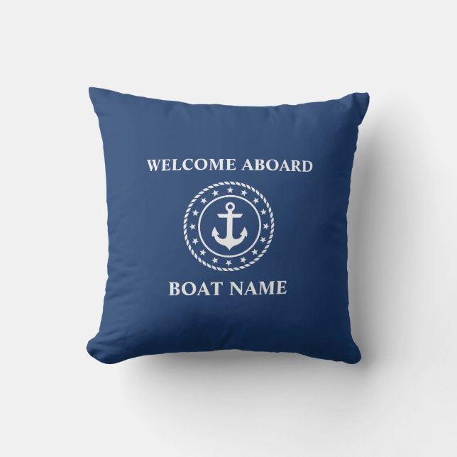 Nautical Boat Namn Anchor Rope Stars Blue Välkomme Kudde (Framsida)