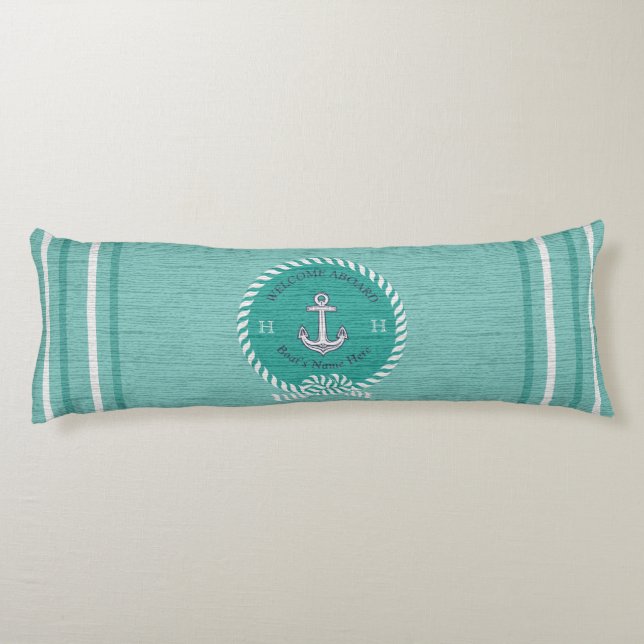 Nautical Boat Namn Anchor Rope Teal Blue Välkommen Kroppskudde (Baksidan)