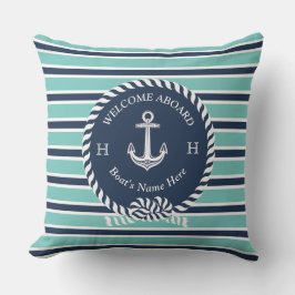 Nautical Boat Namn Anchor Rope Teal Blue Välkommen Kudde
