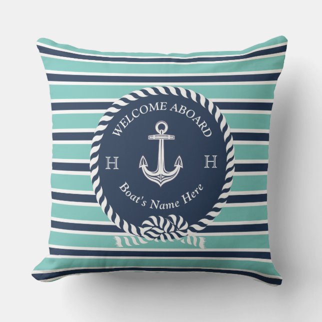 Nautical Boat Namn Anchor Rope Teal Blue Välkommen Kudde (Framsida)