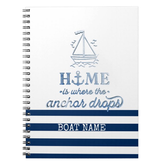 Nautical Boat Namn,Anchor Sea Navy Blue Stripe Anteckningsbok (Framsidan)