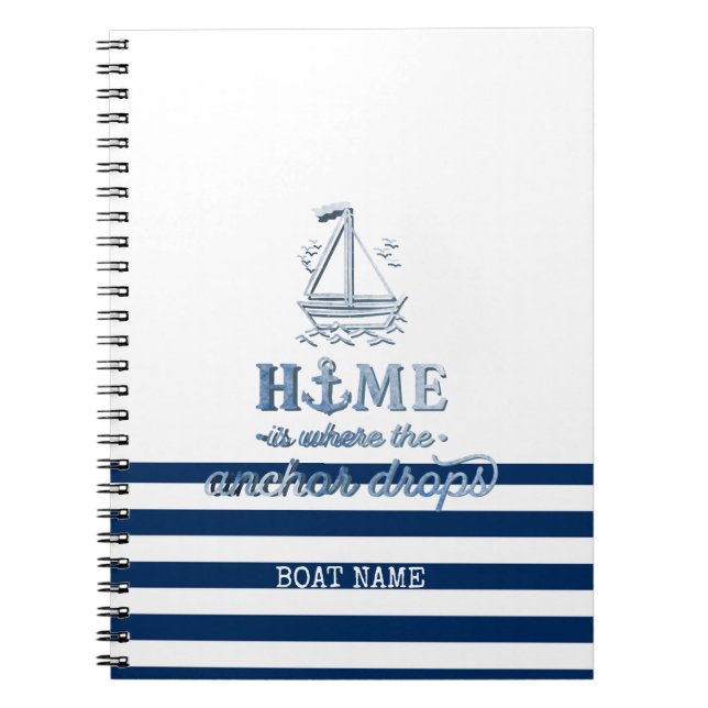 Nautical Boat Namn,Anchor Sea Navy Blue Stripe Anteckningsbok (Framsidan)