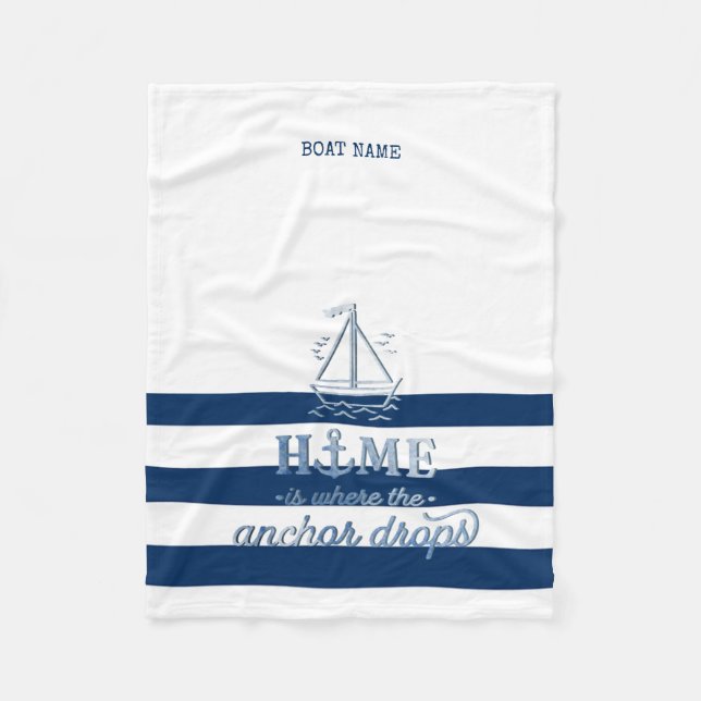 Nautical Boat Namn,Anchor Sea Navy Blue Stripe Fleecefilt (Framsidan)