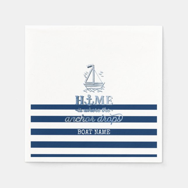 Nautical Boat Namn,Anchor Sea Navy Blue Stripe Pappersservett (Framsidan)
