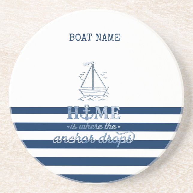 Nautical Boat Namn,Anchor Sea Navy Blue Stripe Underlägg (Framsidan)