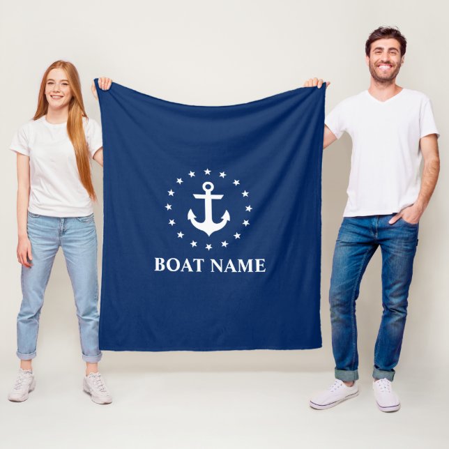 Nautical Boat Namn Anchor Stars Navy Blue Fleecefilt (På plats)