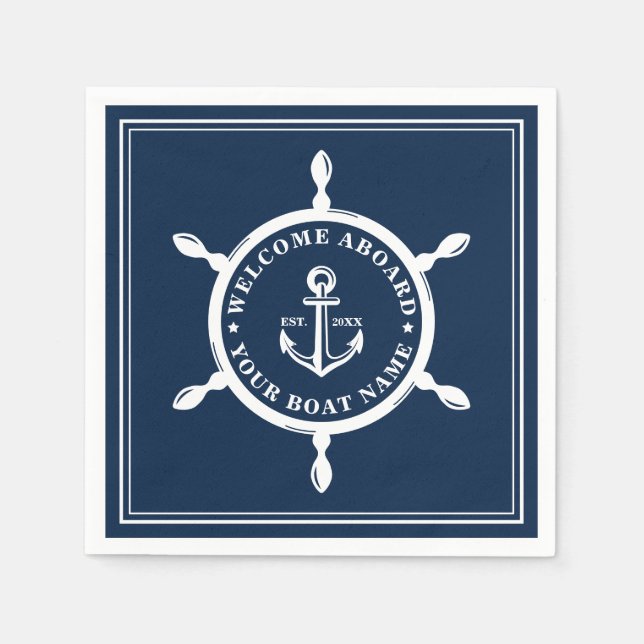 Nautical Boat Namn Anchor Wheel Navy Blue Pappersservett (Framsidan)