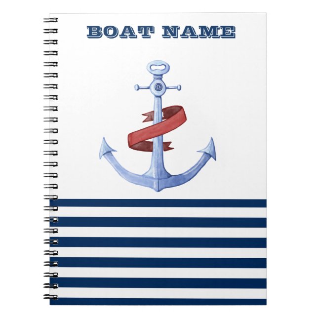 Nautical Boat Namn,Blue Anchor Navy Blue Stripe Anteckningsbok (Framsidan)