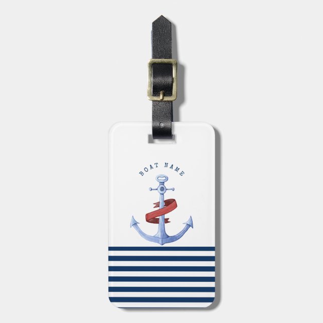 Nautical Boat Namn,Blue Anchor Navy Blue Stripe Bagagebricka (Vertikal Framsida)