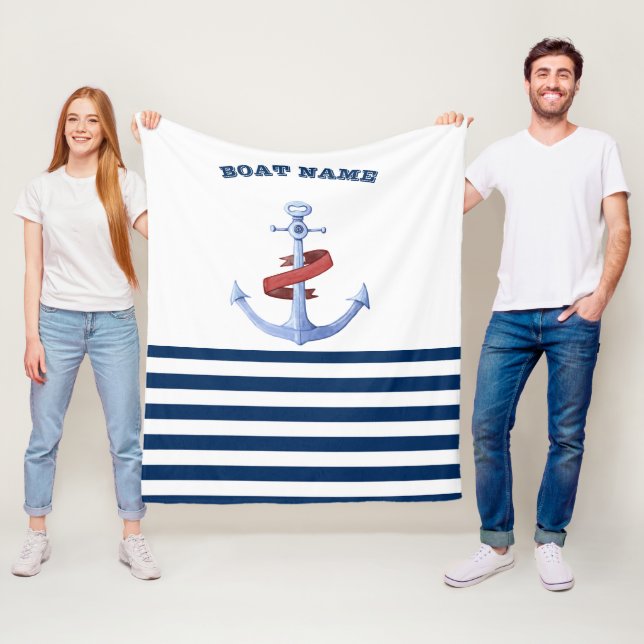 Nautical Boat Namn,Blue Anchor Navy Blue Stripe Fleecefilt (På plats)