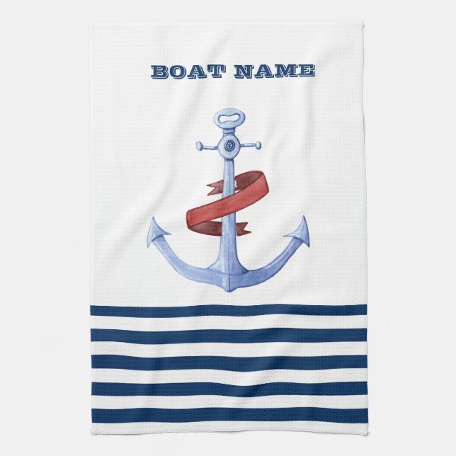 Nautical Boat Namn,Blue Anchor Navy Blue Stripe Kökshandduk (Vertikal)