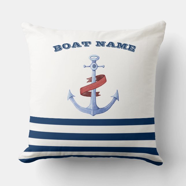 Nautical Boat Namn,Blue Anchor Navy Blue Stripe Kudde (Framsida)