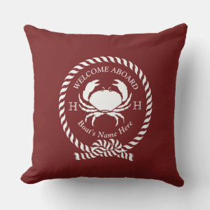 Nautical Boat Namn Crab Rope Maroon Red Välkommen Kudde