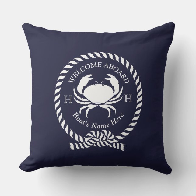 Nautical Boat Namn Crab Rope Navy Blue Welcome ut Kudde (Framsida)