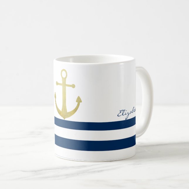 Nautical Boat Namn,Guld Anchor Navy Blue Rand Kaffemugg (Framsida höger)