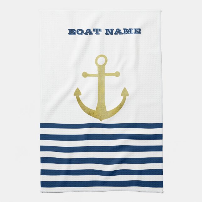 Nautical Boat Namn,Guld Anchor Navy Blue Rand Kökshandduk (Vertikal)