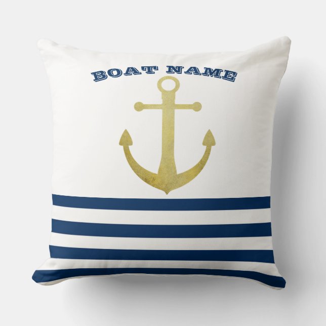 Nautical Boat Namn,Guld Anchor Navy Blue Rand Kudde (Framsida)