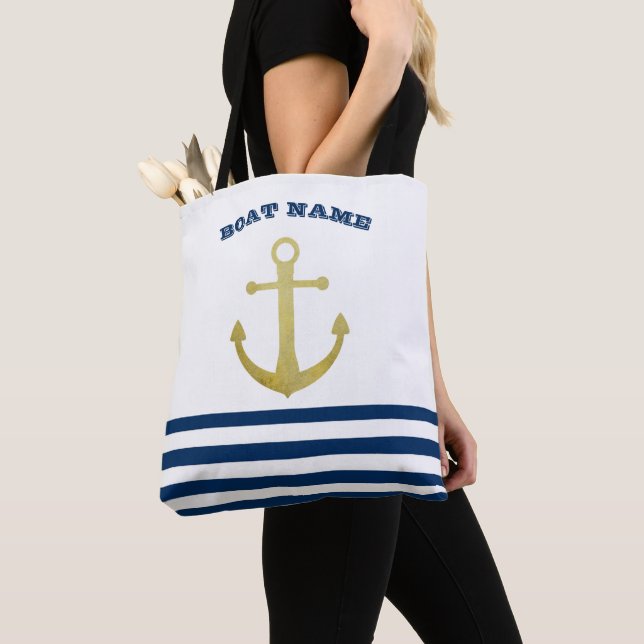 Nautical Boat Namn,Guld Anchor Navy Blue Rand Tygkasse (Närbild)