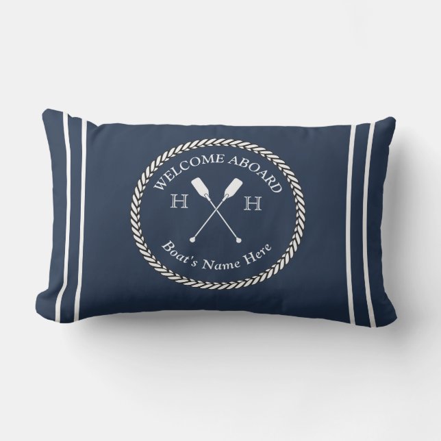 Nautical Boat Namn Paddles Rope Navy Blue Välkomme Lumbarkudde (Framsida)