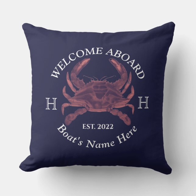 Nautical Boat Namn Red Crab Welcome Navy Blue Kudde (Framsida)