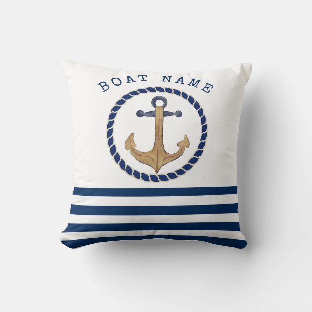 Nautical Boat Namn,Retro Anchor Navy Blue Stripe Kudde (Framsida)