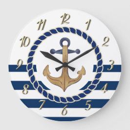 Nautical Boat Namn,Retro Anchor Navy Blue Stripe Stor Klocka